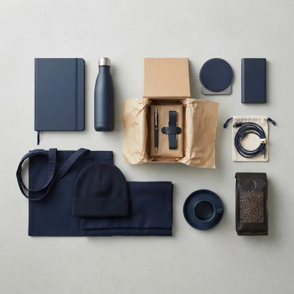A flat lay of navy branded merchandise and gifting items