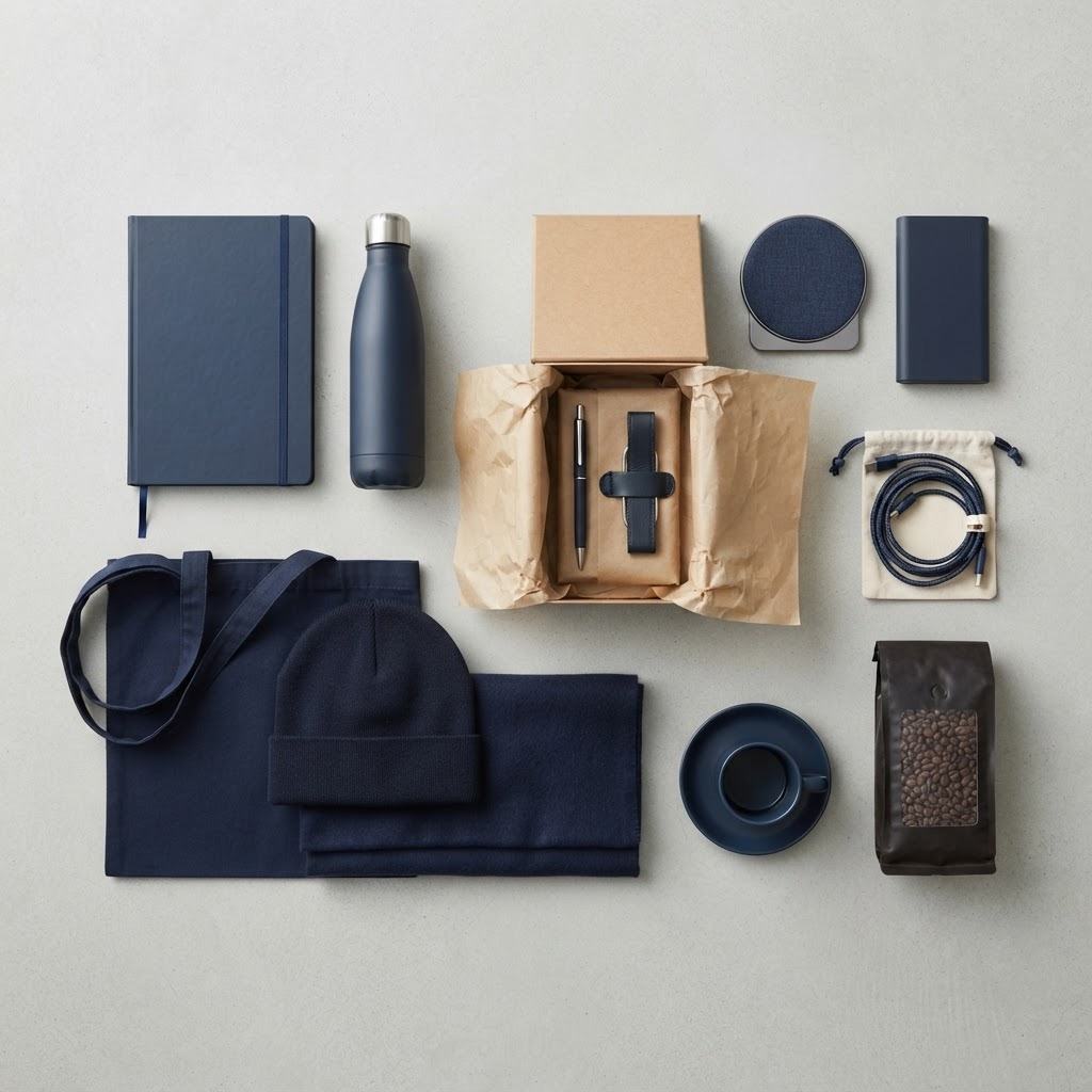 A flat lay of navy branded merchandise and gifting items